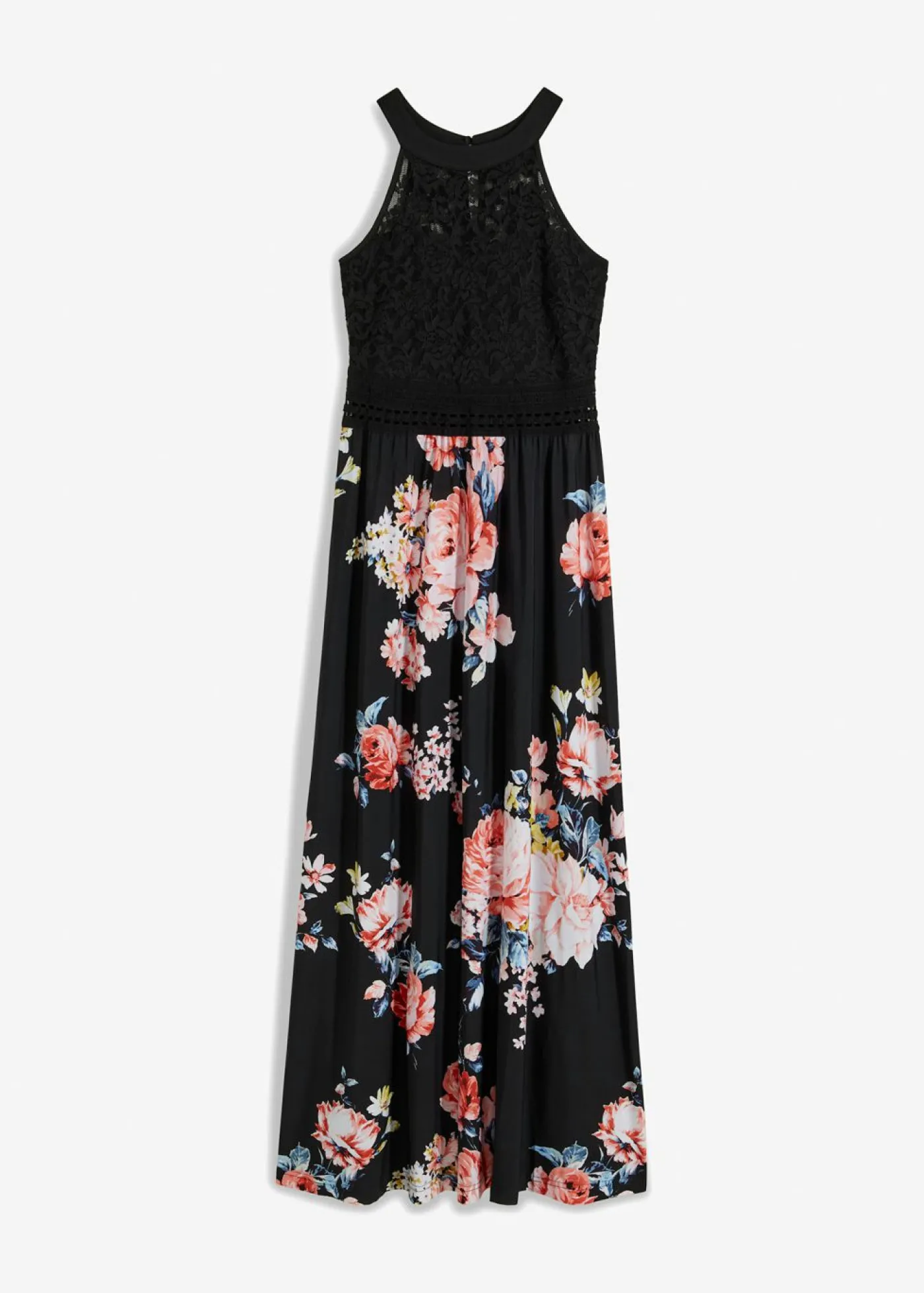 bonprix bonprix Vestido largo con estampado floral y encaje negro/rosa pálido con flores Online
