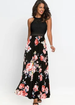 bonprix bonprix Vestido largo con estampado floral y encaje negro/rosa pálido con flores Online