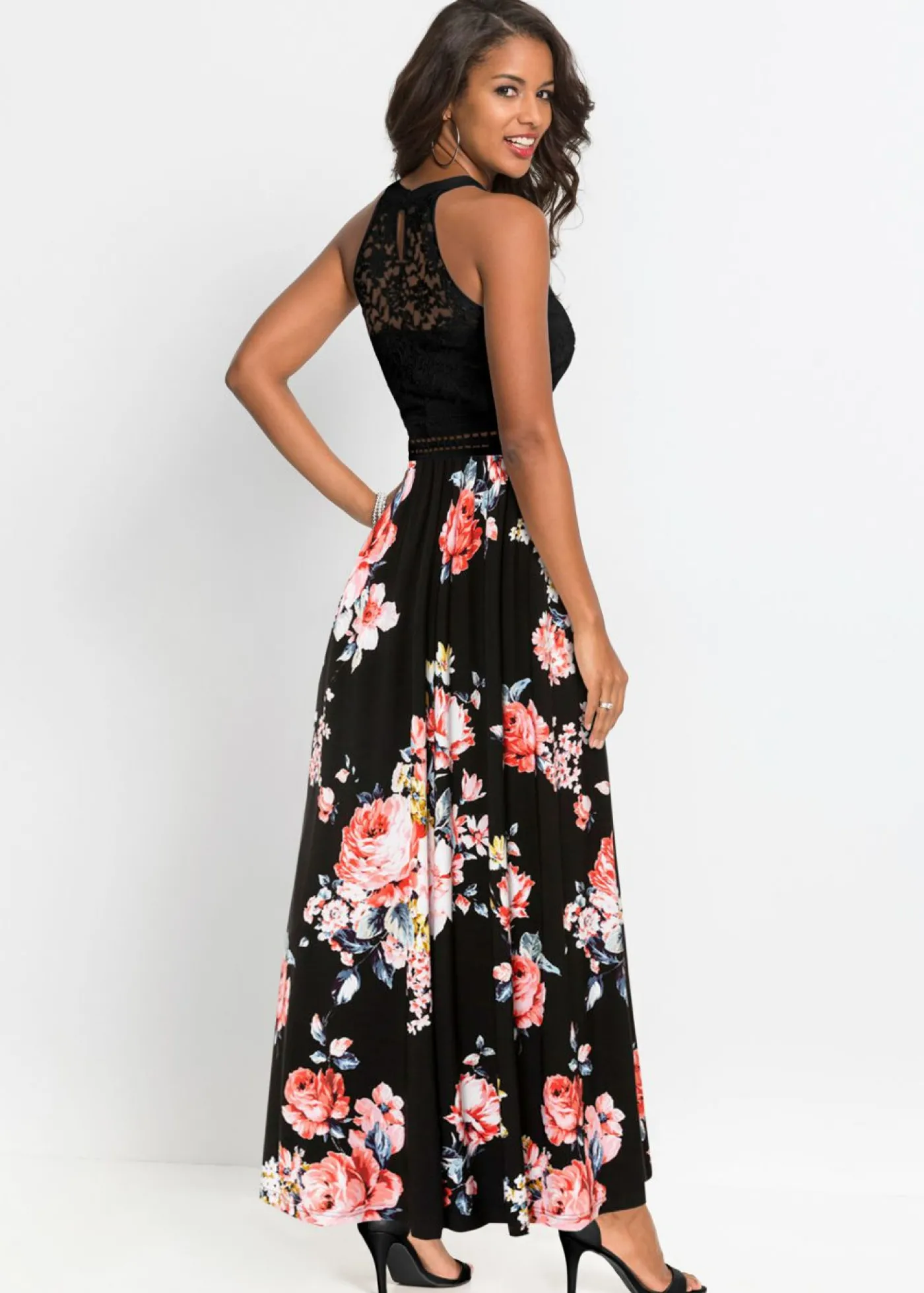 bonprix bonprix Vestido largo con estampado floral y encaje negro/rosa pálido con flores Online