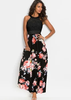 bonprix bonprix Vestido largo con estampado floral y encaje negro/rosa pálido con flores Online