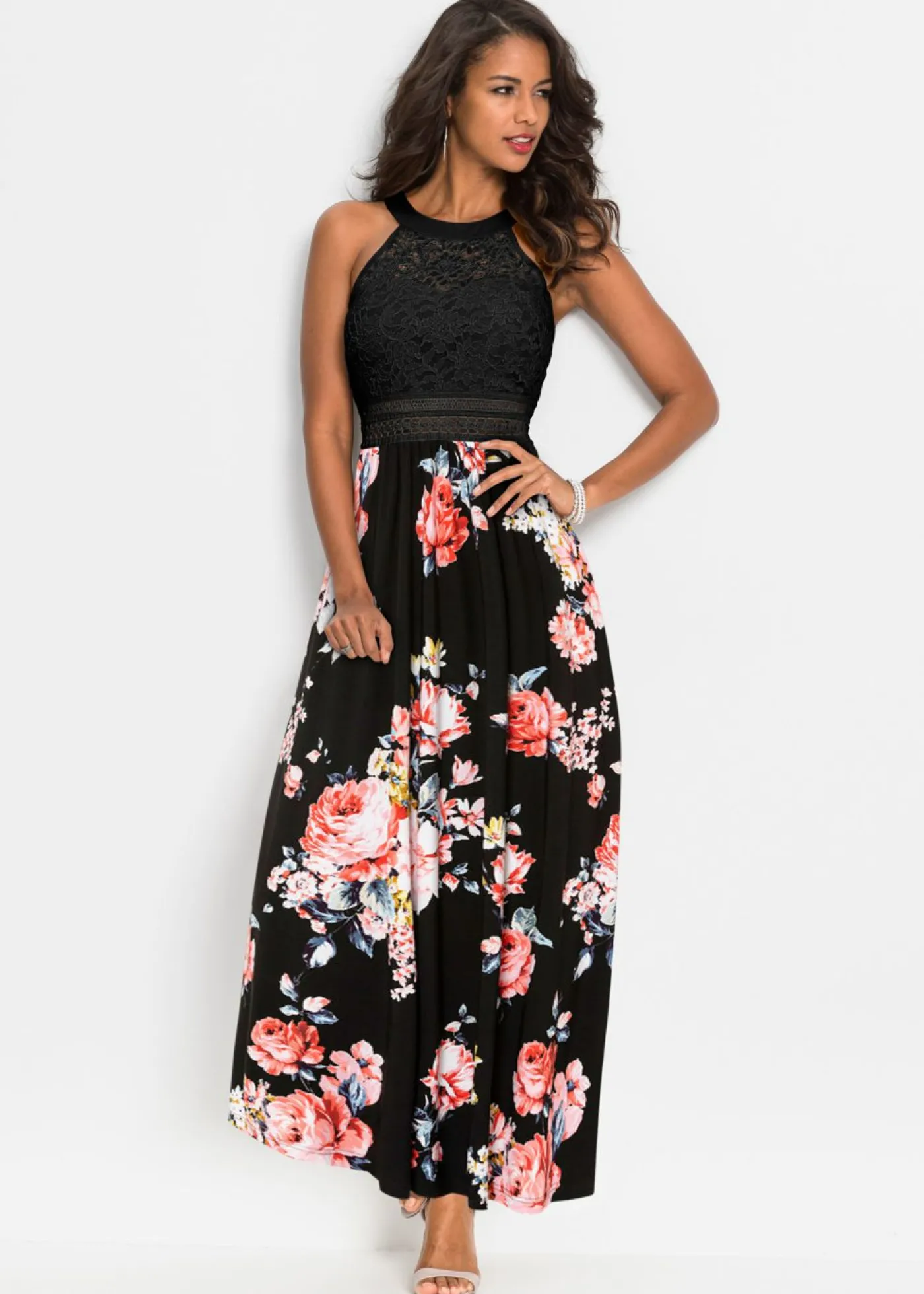 bonprix bonprix Vestido largo con estampado floral y encaje negro/rosa pálido con flores Online