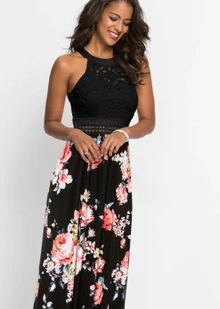 bonprix bonprix Vestido largo con estampado floral y encaje negro/rosa pálido con flores Online