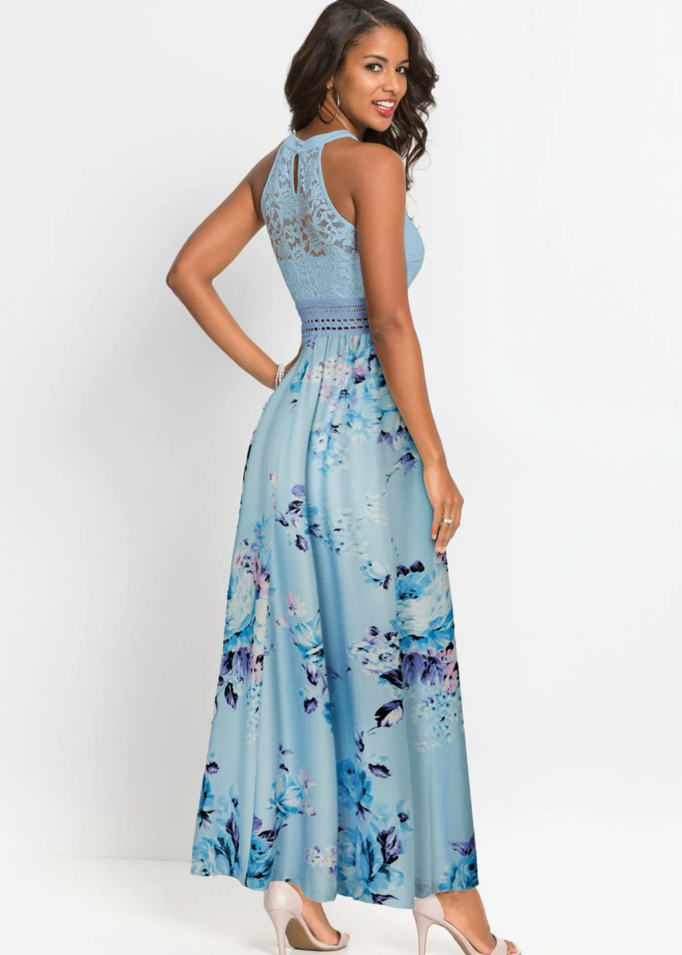 bonprix bonprix Vestido largo con estampado floral y encaje azul pálido/rosa pálido con flores Online