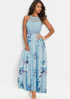 bonprix bonprix Vestido largo con estampado floral y encaje azul pálido/rosa pálido con flores Online