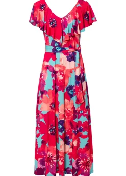 bonprix bonprix Vestido largo con volante y cinturón Turquesa-Rosa de flores