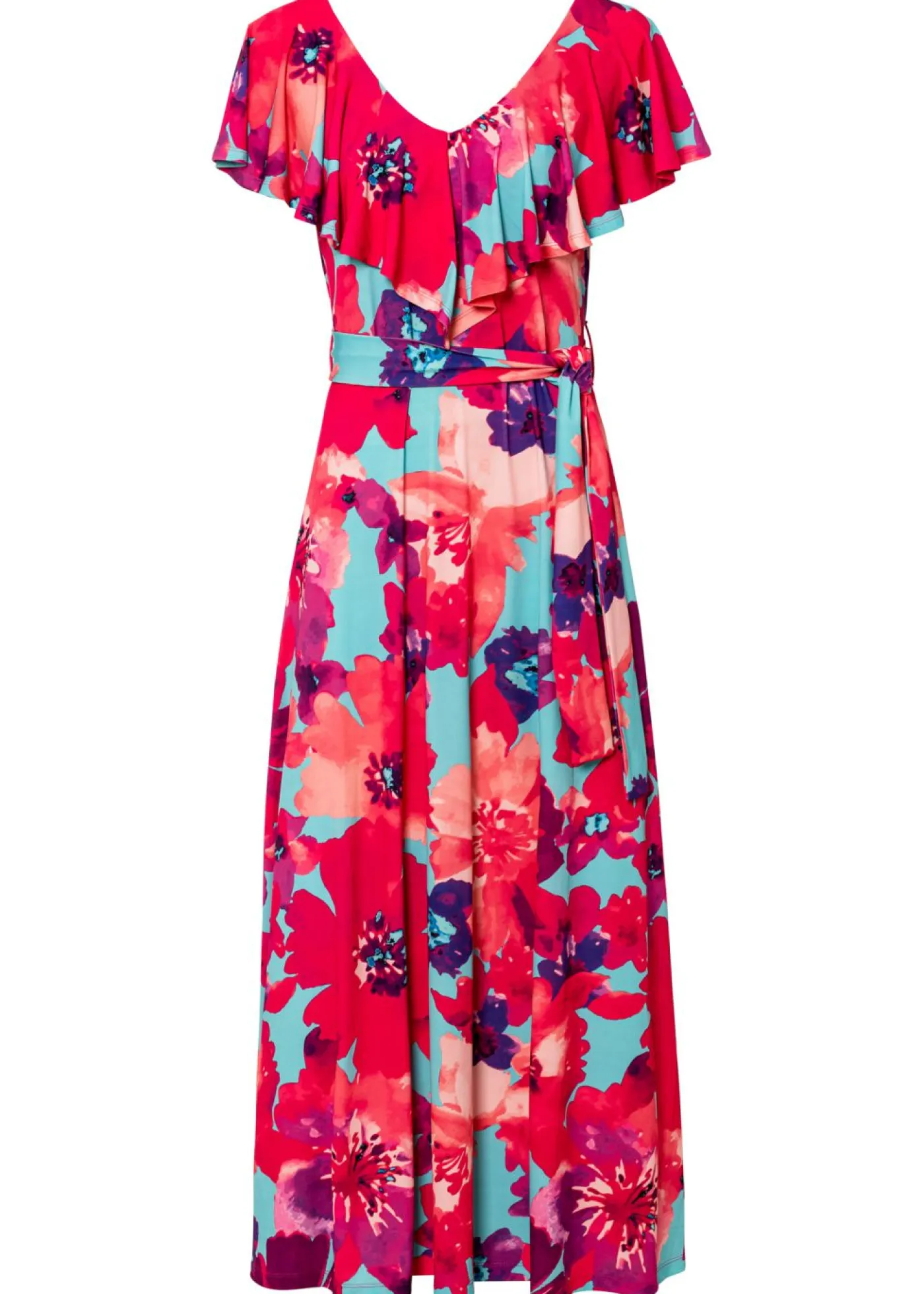 bonprix bonprix Vestido largo con volante y cinturón Turquesa-Rosa de flores