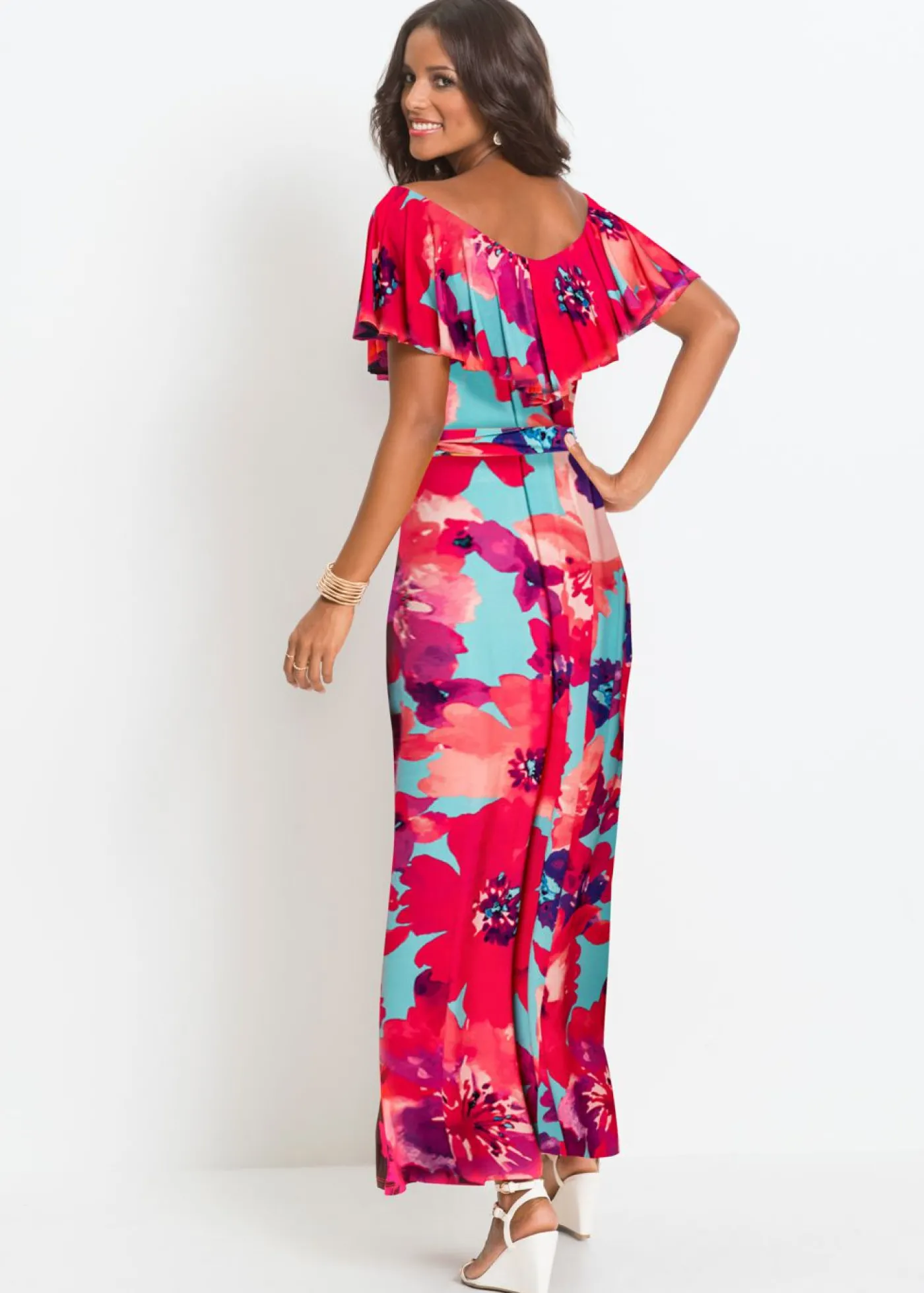 bonprix bonprix Vestido largo con volante y cinturón Turquesa-Rosa de flores