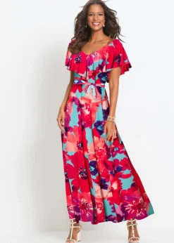 bonprix bonprix Vestido largo con volante y cinturón Turquesa-Rosa de flores