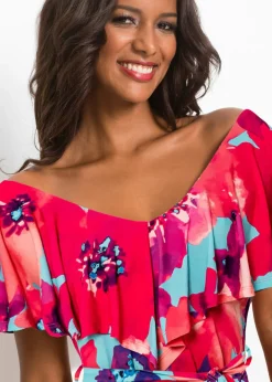 bonprix bonprix Vestido largo con volante y cinturón Turquesa-Rosa de flores