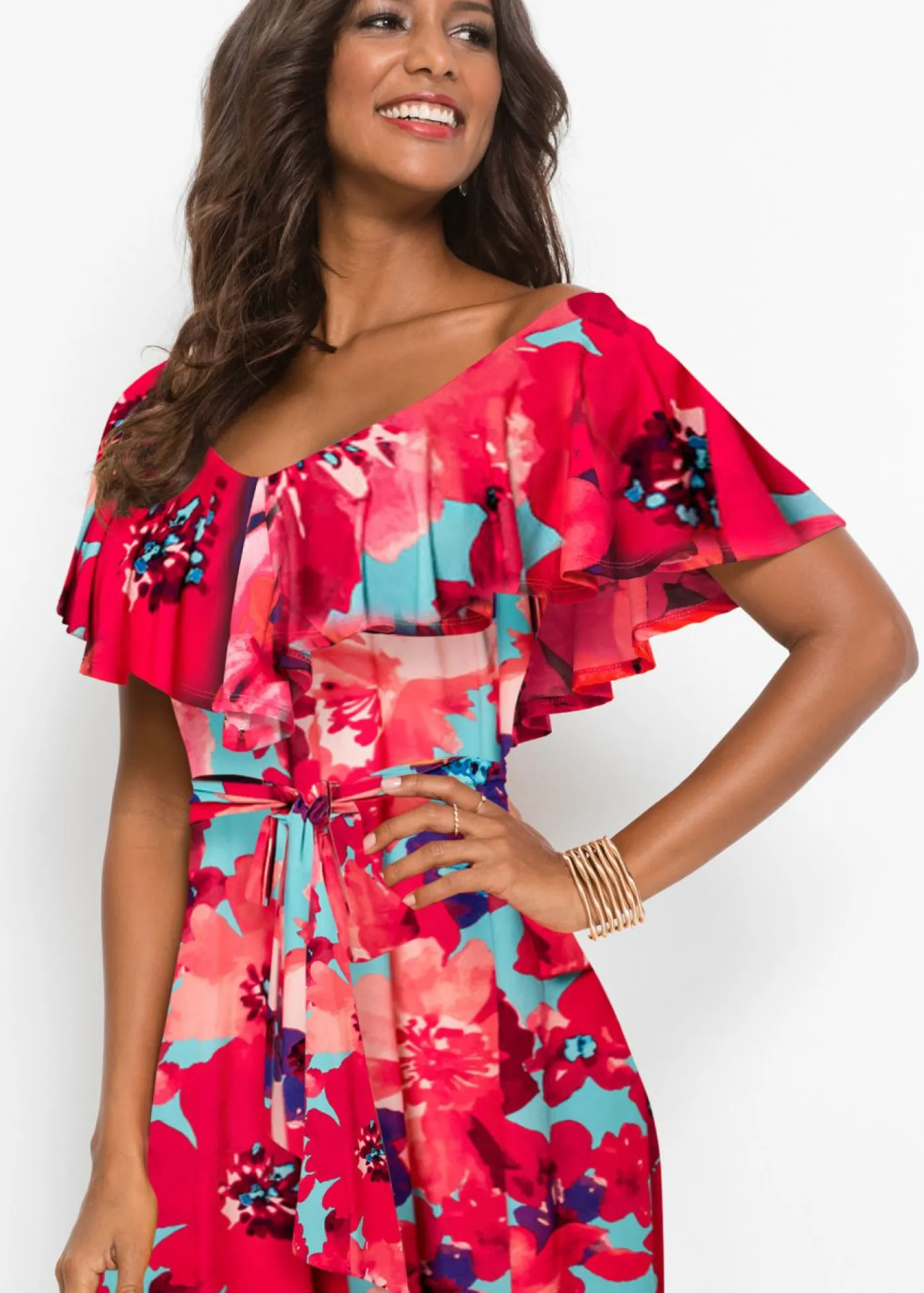 bonprix bonprix Vestido largo con volante y cinturón Turquesa-Rosa de flores