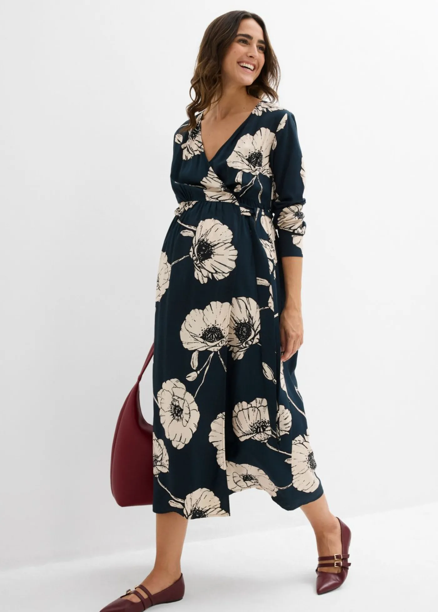 bonprix bonprix Vestido largo cruzado para durante y después del embarazo verde petróleo-negro-beige Sale