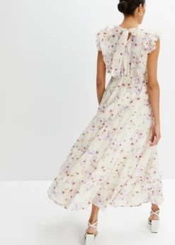bonprix bonprix Vestido largo de algodón puro beige natural/lila pastel con flores Hot