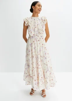 bonprix bonprix Vestido largo de algodón puro beige natural/lila pastel con flores Hot