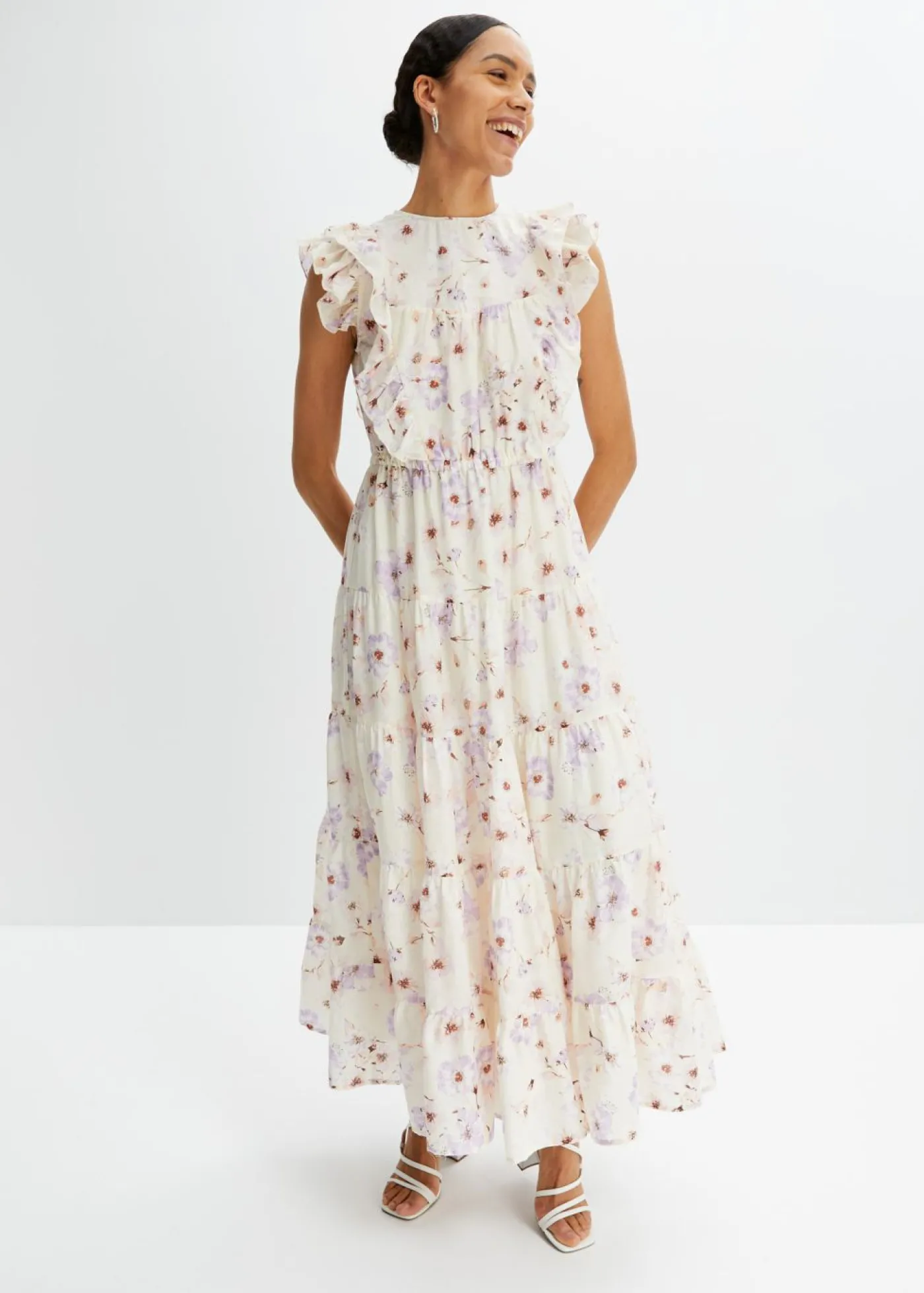 bonprix bonprix Vestido largo de algodón puro beige natural/lila pastel con flores Hot