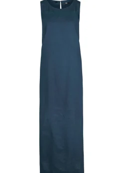 bonprix bonprix Vestido largo de lino con motivo perforado en el escote y abertura lateral Azul marino New