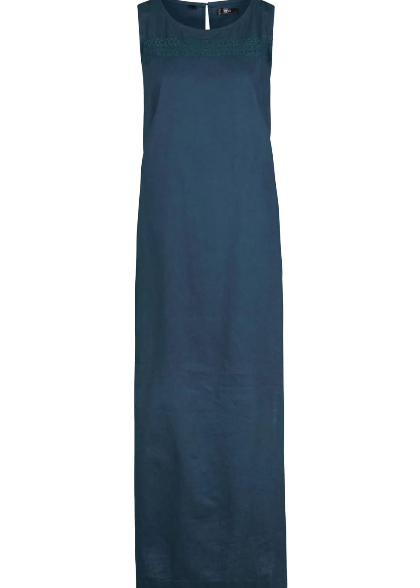 bonprix bonprix Vestido largo de lino con motivo perforado en el escote y abertura lateral Azul marino New