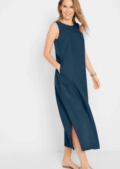 bonprix bonprix Vestido largo de lino con motivo perforado en el escote y abertura lateral Azul marino New