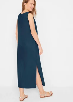 bonprix bonprix Vestido largo de lino con motivo perforado en el escote y abertura lateral Azul marino New