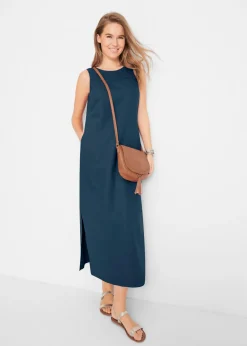 bonprix bonprix Vestido largo de lino con motivo perforado en el escote y abertura lateral Azul marino New
