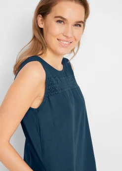 bonprix bonprix Vestido largo de lino con motivo perforado en el escote y abertura lateral Azul marino New