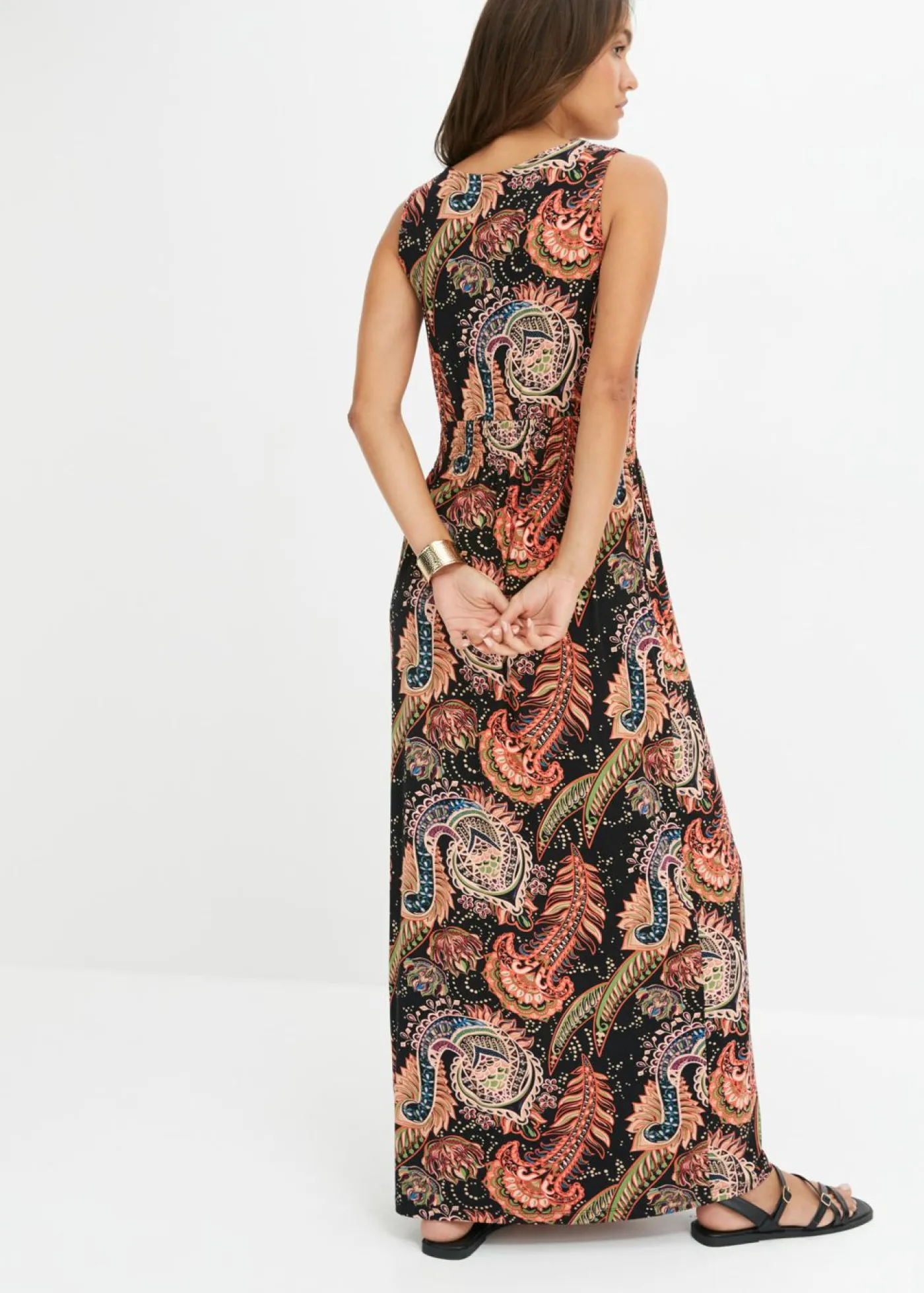 bonprix bonprix Vestido largo de mezcla de viscosa suave Negro/naranja Sale
