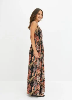 bonprix bonprix Vestido largo de mezcla de viscosa suave Negro/naranja Sale