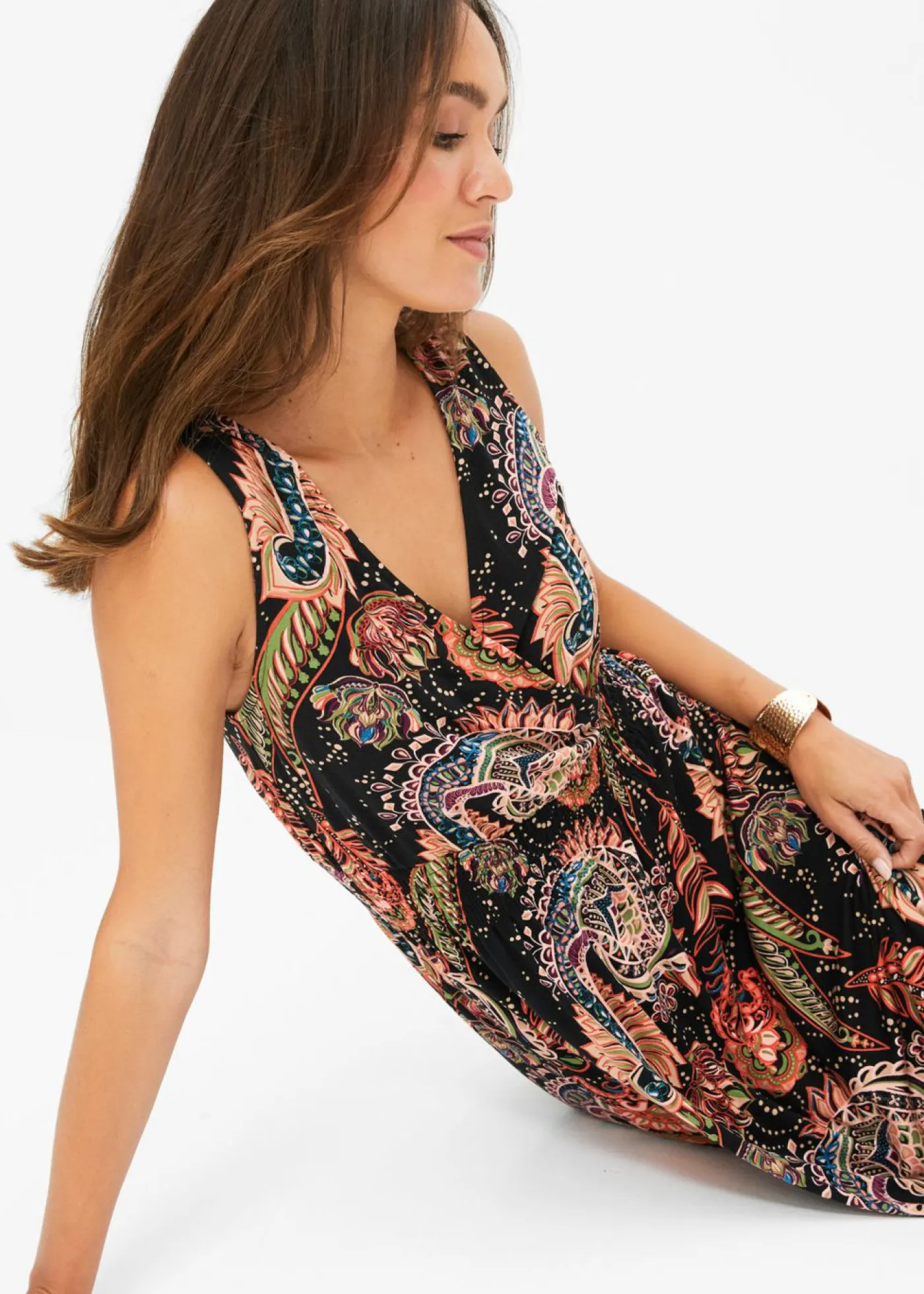 bonprix bonprix Vestido largo de mezcla de viscosa suave Negro/naranja Sale