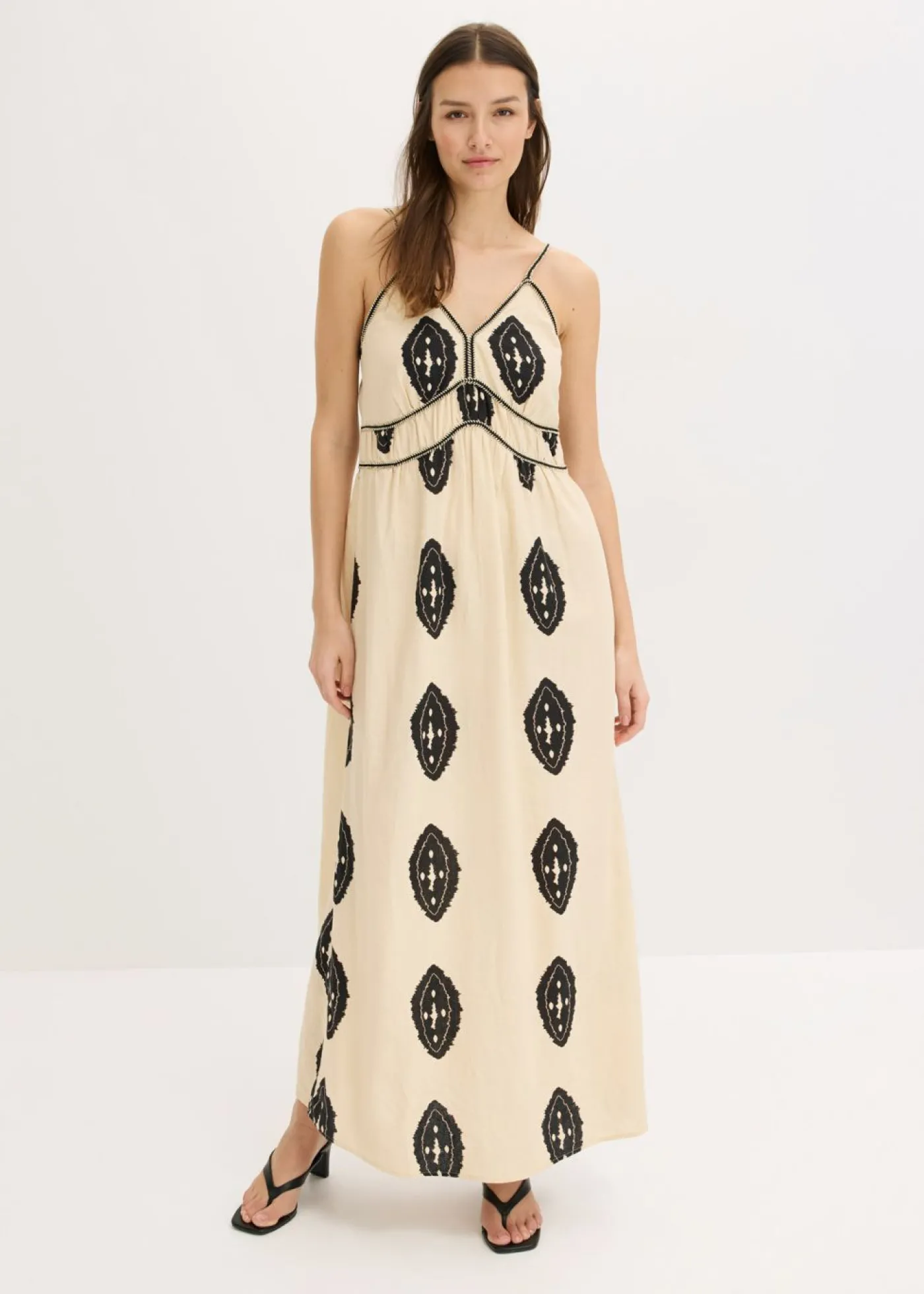 bonprix bonprix Vestido largo de mezcla de lino ligero arena/negro estampado Sale
