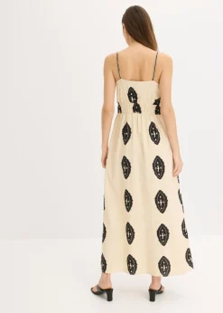 bonprix bonprix Vestido largo de mezcla de lino ligero arena/negro estampado Sale