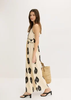 bonprix bonprix Vestido largo de mezcla de lino ligero arena/negro estampado Sale