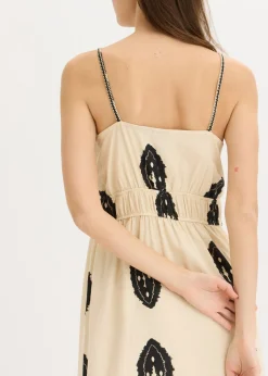 bonprix bonprix Vestido largo de mezcla de lino ligero arena/negro estampado Sale