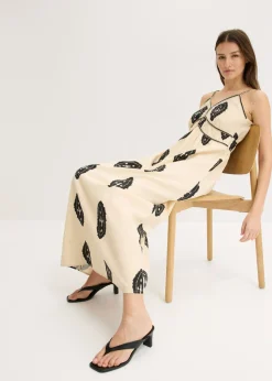 bonprix bonprix Vestido largo de mezcla de lino ligero arena/negro estampado Sale