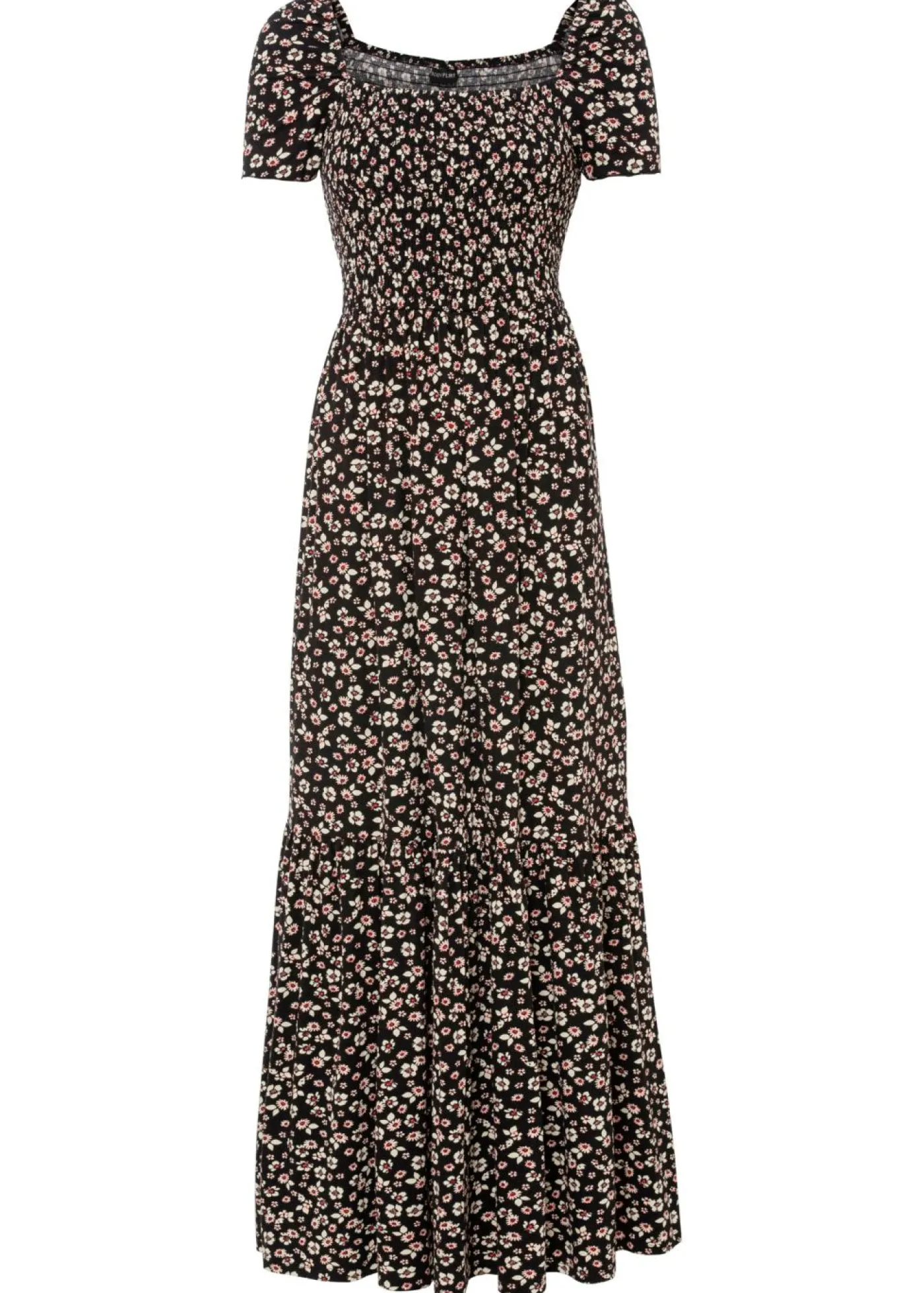 bonprix bonprix Vestido largo de mezcla de viscosa negro / crema suave con flores Outlet