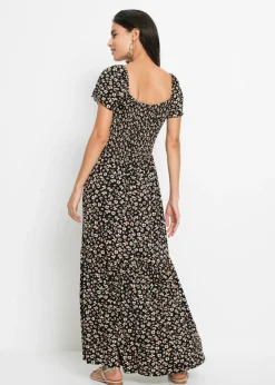 bonprix bonprix Vestido largo de mezcla de viscosa negro / crema suave con flores Outlet