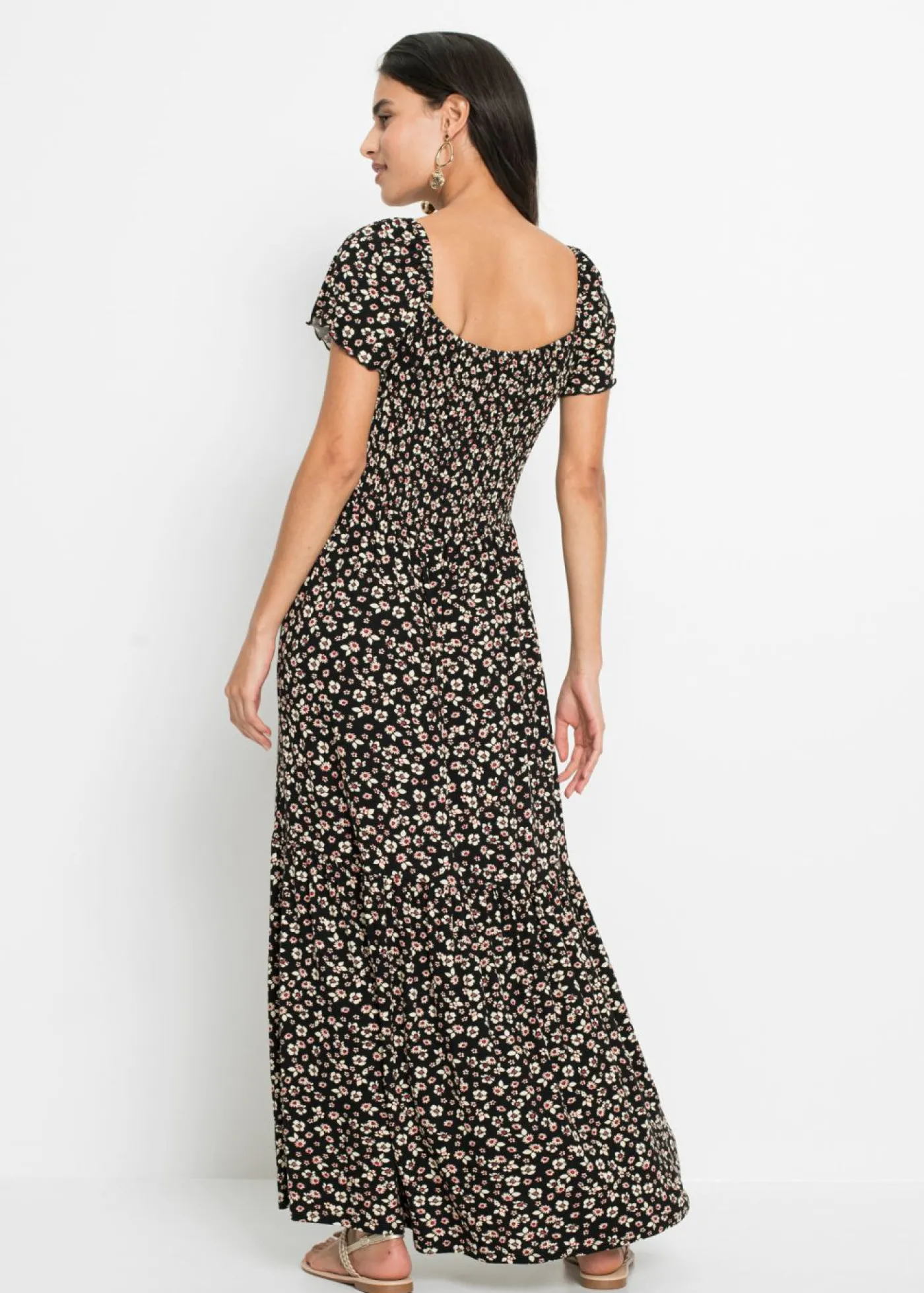 bonprix bonprix Vestido largo de mezcla de viscosa negro / crema suave con flores Outlet
