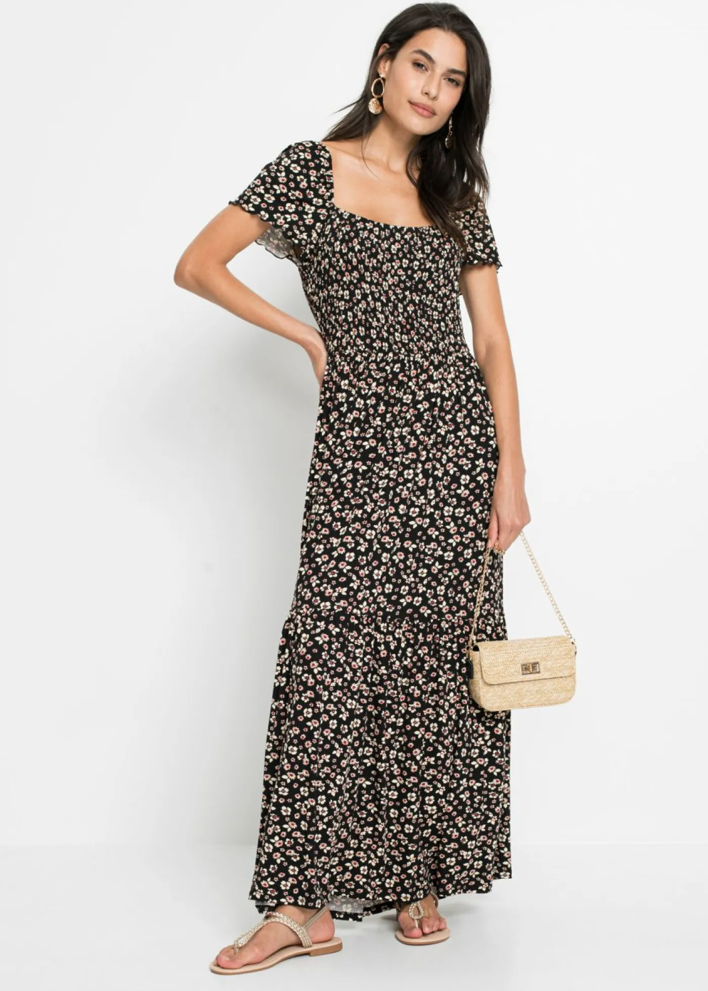 bonprix bonprix Vestido largo de mezcla de viscosa negro / crema suave con flores Outlet