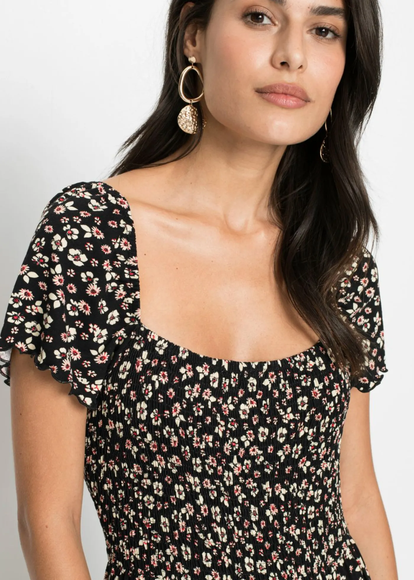 bonprix bonprix Vestido largo de mezcla de viscosa negro / crema suave con flores Outlet