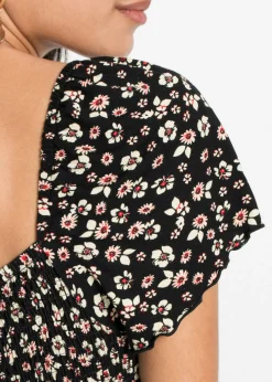 bonprix bonprix Vestido largo de mezcla de viscosa negro / crema suave con flores Outlet