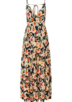 bonprix bonprix Vestido largo de mezcla de viscosa suave Negro-beige de flores Sale