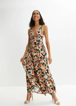 bonprix bonprix Vestido largo de mezcla de viscosa suave Negro-beige de flores Sale