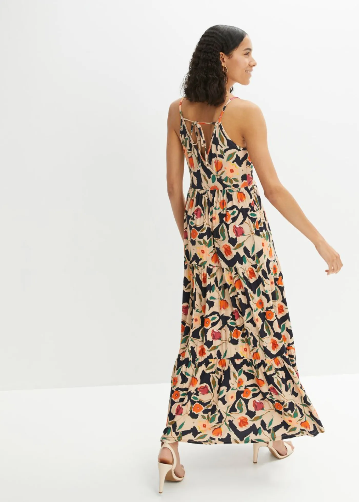 bonprix bonprix Vestido largo de mezcla de viscosa suave Negro-beige de flores Sale