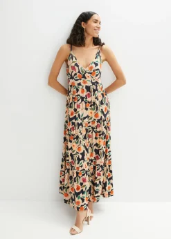 bonprix bonprix Vestido largo de mezcla de viscosa suave Negro-beige de flores Sale