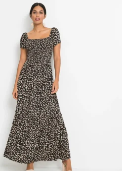 bonprix bonprix Vestido largo de mezcla de viscosa Negro-blanco lana de flores Hot