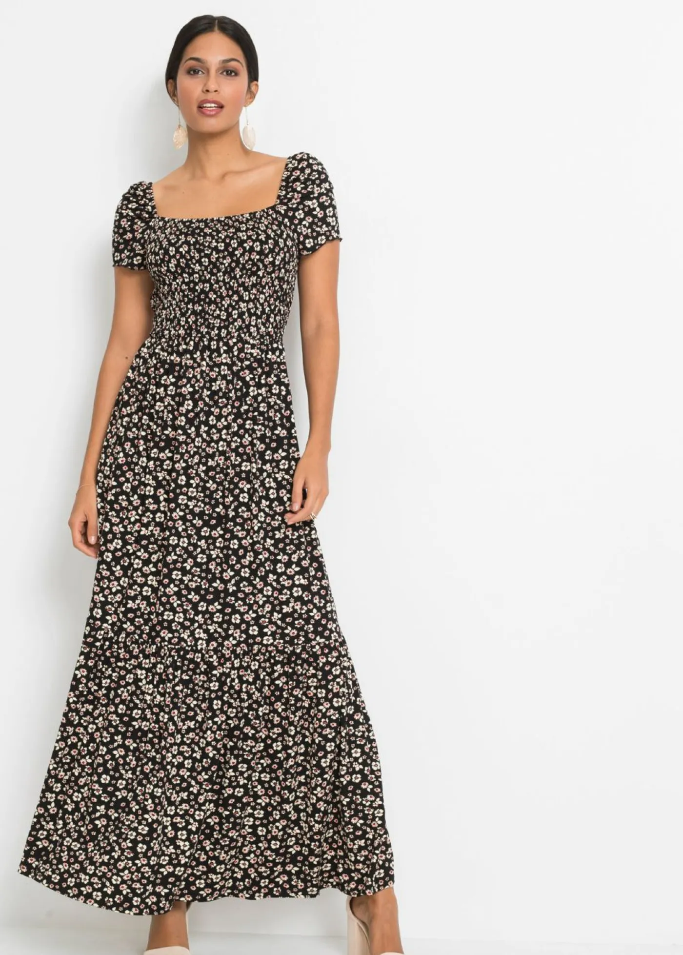 bonprix bonprix Vestido largo de mezcla de viscosa Negro-blanco lana de flores Hot