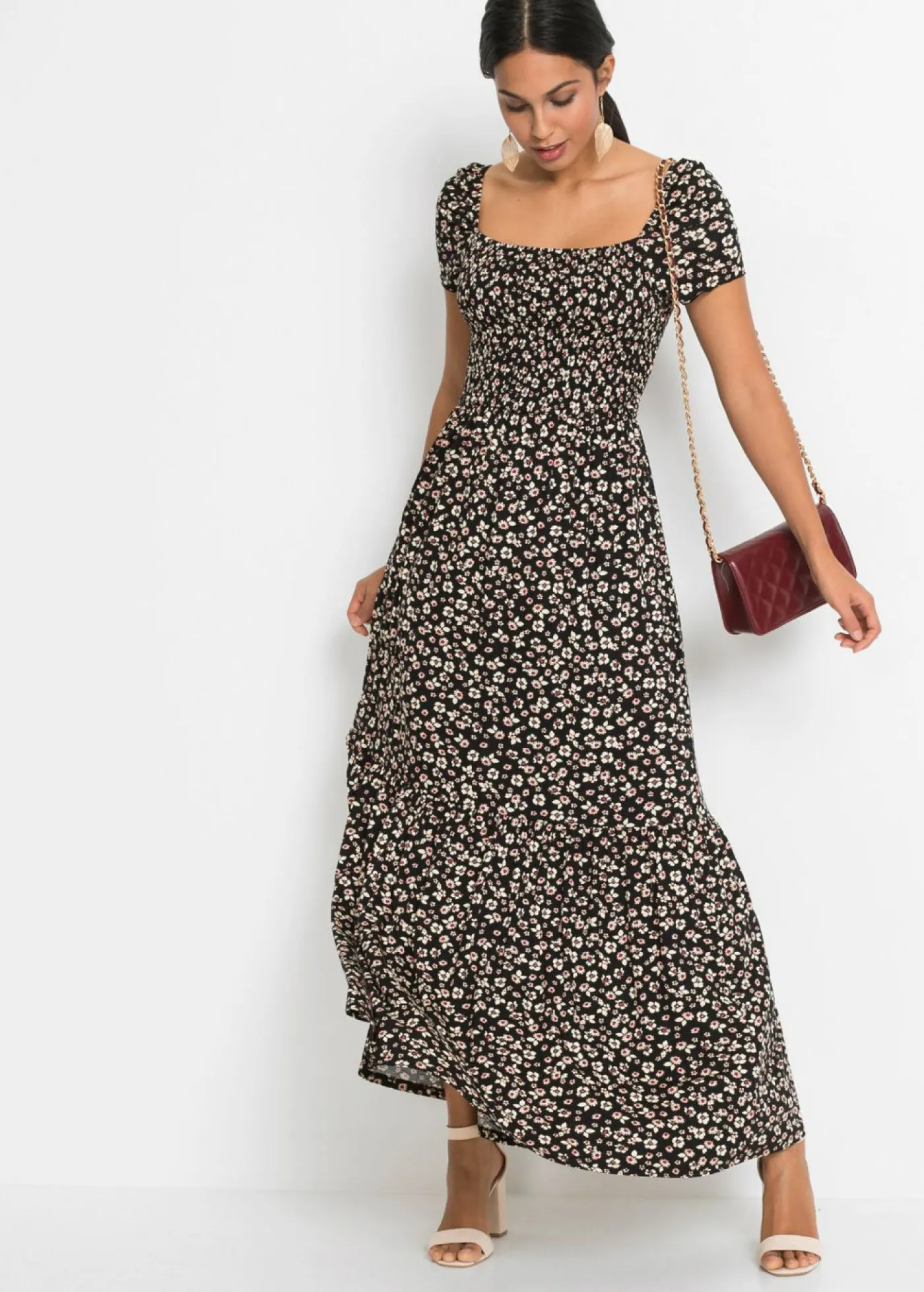 bonprix bonprix Vestido largo de mezcla de viscosa Negro-blanco lana de flores Hot