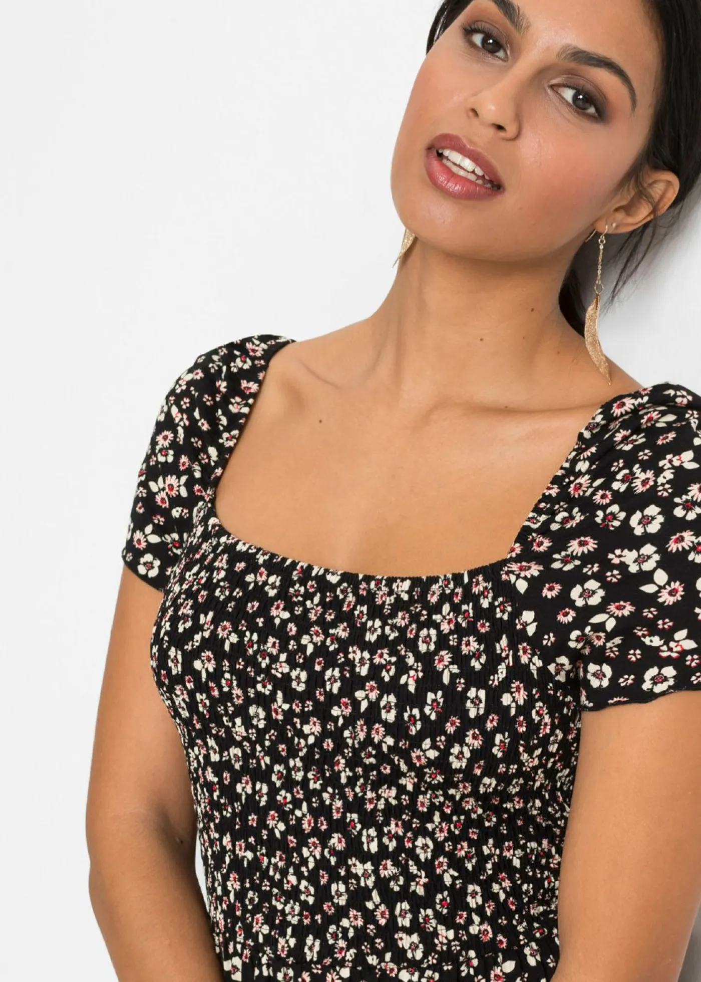 bonprix bonprix Vestido largo de mezcla de viscosa Negro-blanco lana de flores Hot
