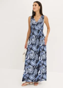 bonprix bonprix Vestido largo de mezcla de viscosa suave Blanco lana/fucsia con patrón paisley Online