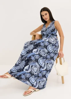 bonprix bonprix Vestido largo de mezcla de viscosa suave Blanco lana/fucsia con patrón paisley Online