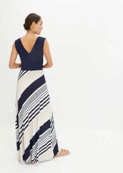 bonprix bonprix Vestido largo de mezcla de viscosa suave Azul marino-crema con rayas New
