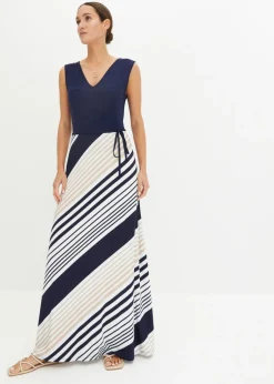 bonprix bonprix Vestido largo de mezcla de viscosa suave Azul marino-crema con rayas New